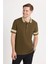Erkek Slim Fit Dar Kesim %100 Pamuk Düz Pike Yaka ve Kol Detaylı Koyu Haki Polo Yaka Tişört 4