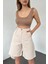 Çift Cepli Bermuda Denim Şort Krem-M 1