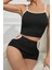 Kadın Siyah Beyaz Şortlu Cut-Out Detaylı Gecelik Takımı 6