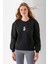Kadın Bisiklet Yaka Çantalı Ayıcık Nakışlı 3ip Sweatshirt Siyah - 2626 2