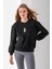 Kadın Bisiklet Yaka Çantalı Ayıcık Nakışlı 3ip Sweatshirt Siyah - 2626 3