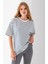 Kadın Bisiklet Yaka Oversize Basic Çizgili T-Shirt Lacivert - 25700 2