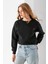 Kadın Bisiklet Yaka Kalp Nakışlı 3ip Crop Sweatshirt Siyah - 2669 2