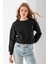 Kadın Bisiklet Yaka Kalp Nakışlı 3ip Crop Sweatshirt Siyah - 2669 3