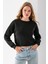 Kadın Bisiklet Yaka Kalp Nakışlı 3ip Crop Sweatshirt Siyah - 2669 4