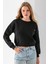 Kadın Bisiklet Yaka Kalp Nakışlı 3ip Crop Sweatshirt Siyah - 2669 5