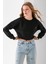 Kadın Bisiklet Yaka Kalp Nakışlı 3ip Crop Sweatshirt Siyah - 2669 6