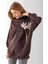 Kadın Bisiklet Yaka Çiçek Aksesuarlı 3ip Oversize Sweatshirt Kahverengi - 2628 3