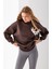 Kadın Bisiklet Yaka Çiçek Aksesuarlı 3ip Oversize Sweatshirt Kahverengi - 2628 4