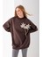 Kadın Bisiklet Yaka Çiçek Aksesuarlı 3ip Oversize Sweatshirt Kahverengi - 2628 5