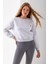 Kadın Bisiklet Yaka Kalp Nakışlı 3ip Crop Sweatshirt Gri - 2669 6