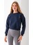 Kadın Bisiklet Yaka Kalp Nakışlı 3ip Crop Sweatshirt Lacivert - 2669 1
