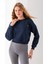 Kadın Bisiklet Yaka Kalp Nakışlı 3ip Crop Sweatshirt Lacivert - 2669 6