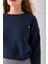 Kadın Bisiklet Yaka Kalp Nakışlı 3ip Crop Sweatshirt Lacivert - 2669 7