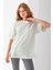 Kadın Bisiklet Yaka Oversize Basic Çizgili T-Shirt Açık Yeşil - 25700 4