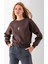 Kadın Bisiklet Yaka Gözlüklü Ayı Nakışlı 3ip Crop Sweatshirt Kahverengi - 2671 1