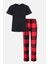 Kadın Kısa Kollu Pamuklu Kırmızı Ekose Desenli Kombinli Pijama Takımı 1