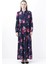 Floral Desenli Uzun Kollu Lacivert Maxi Kadın Elbise 2