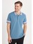Erkek Slim Fit Dar Kesim %100 Pamuk Düz Pike Yaka ve Kol Detaylı Indigo Polo Yaka Tişört 1