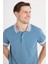 Erkek Slim Fit Dar Kesim %100 Pamuk Düz Pike Yaka ve Kol Detaylı Indigo Polo Yaka Tişört 2