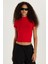 Kadın Modal Kumaş Slim Fit Dar Kesim Dik Yaka Kırmızı bluz 4
