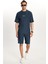 Erkek Standart Fit Pamuklu Jakarlı Baskılı Bisiklet Yaka Beli Bağcıklı Lacivert Şort Takım 5