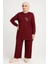 Kadın Bordo Tesettür Giyim Şık Zarif Kuş Taş Detaylı ve Bisiklet Yakatunik & Pantolon Ikili Takım 1