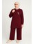 Kadın Bordo Tesettür Giyim Şık Zarif Kuş Taş Detaylı ve Bisiklet Yakatunik & Pantolon Ikili Takım 5
