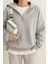 Kadın Pamuklu Oversize Silver Yarım Fermuarlı Sweatshirt 2
