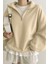 Kadın Pamuklu Oversize Silver Yarım Fermuarlı Sweatshirt 4