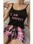 Kadın Siyah Kare Desenli Askılı Şortlu Pijama Takım 5012 2