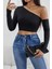 Kadın Siyah Tek Omuz Detaylı Uzun Kol Crop Top Bluz 6