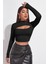 Kadın Siyah Göğüs Dekolteli Uzun Kollu Cut Out Crop Top Bluz 1