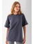 Kadın Bisiklet Yaka Düz Basic Pamuklu T-Shirt Antrasit - 25501 4