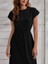 Kadın Kısa Kollu Bisiklet Yaka Belden Lastikli Midi Viskon Elbise S-M-Siyah 4