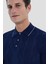 Düğmeli Polo Yaka Jakar Desenli Triko Erkek T-Shirt Lacivert 5