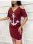 Runiquehome Fermuar Detay Çıpa Baskılı Zincir Askılı Iki Iplik Elbise - Bordo 2