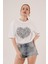 Runiquehome Kalp Baskılı Crop Beyaz Tişört 5