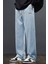 Erkek Açık Mavi Baggy Beli Lastikli Likralı Düz Paça Bol Kesim Rahat Denim Jean Pantolon RF0480 3