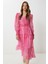 Kemerli Desenli Volanlı Şifon Elbise LFG0087 Pembe 1
