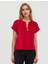 Kırmızı V Yaka Kısa Kollu Dokuma Bluz 1