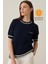 Lacivert Bisiklet Yaka Çizgi Detaylı Kısa Kollu Dar Kalıp Triko Bluz 1