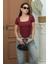 Kadın T-Shirt Kısa Kollu Kare Yaka Alttan Çıtçıtlı Slim Fit Zıbın Bluz 3