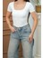 Kadın T-Shirt Kısa Kollu Kare Yaka Alttan Çıtçıtlı Slim Fit Zıbın Bluz 6