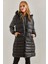 Kadın Kapişonu Kürklü Cep Desenli Uzun Yelek 7