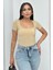 Kadın Kısa Kollu T-Shirt Kare Yaka Çift Kat Sandy Kumaş Crop T-Shirt 1