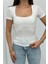 Kadın Kısa Kollu T-Shirt Kare Yaka Çift Kat Sandy Kumaş Crop T-Shirt 6
