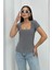 Kadın Kısa Kollu T-Shirt Kare Yaka Çift Kat Sandy Kumaş Crop T-Shirt 2