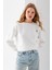 Kadın Bisiklet Yaka Kelebek Aksesuarlı 3ip Crop Sweatshirt Beyaz - 2670 3