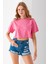 Kadın Bisiklet Yaka %100 Pamuk Basic Crop T-Shirt Pembe - 925007 5